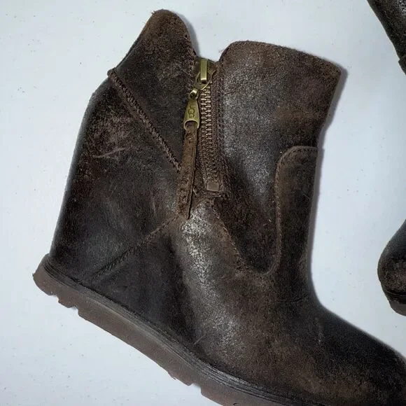 UGG MYRNA Brown Leather Wedge Ankle Boot Size 5.5 - Picture 4 of 9